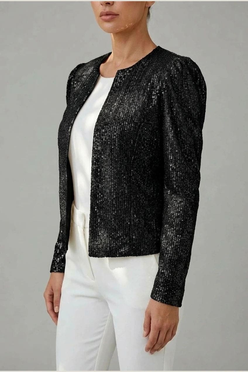 Martina | Sequin Open-Front Cropped Party Jacket with Structured Shoulders