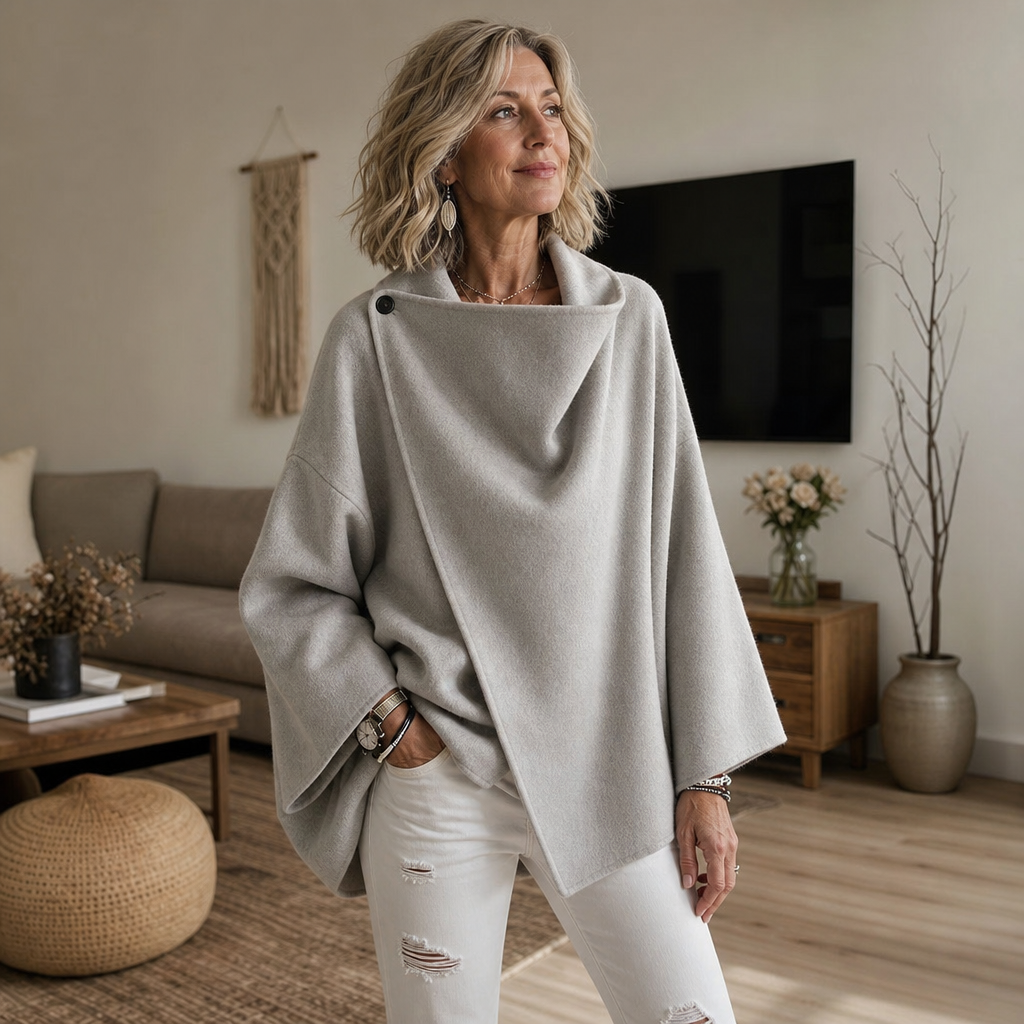 Front view of the light gray cape-inspired jacket styled with white distressed jeans, showing its relaxed drape and asymmetric hem.