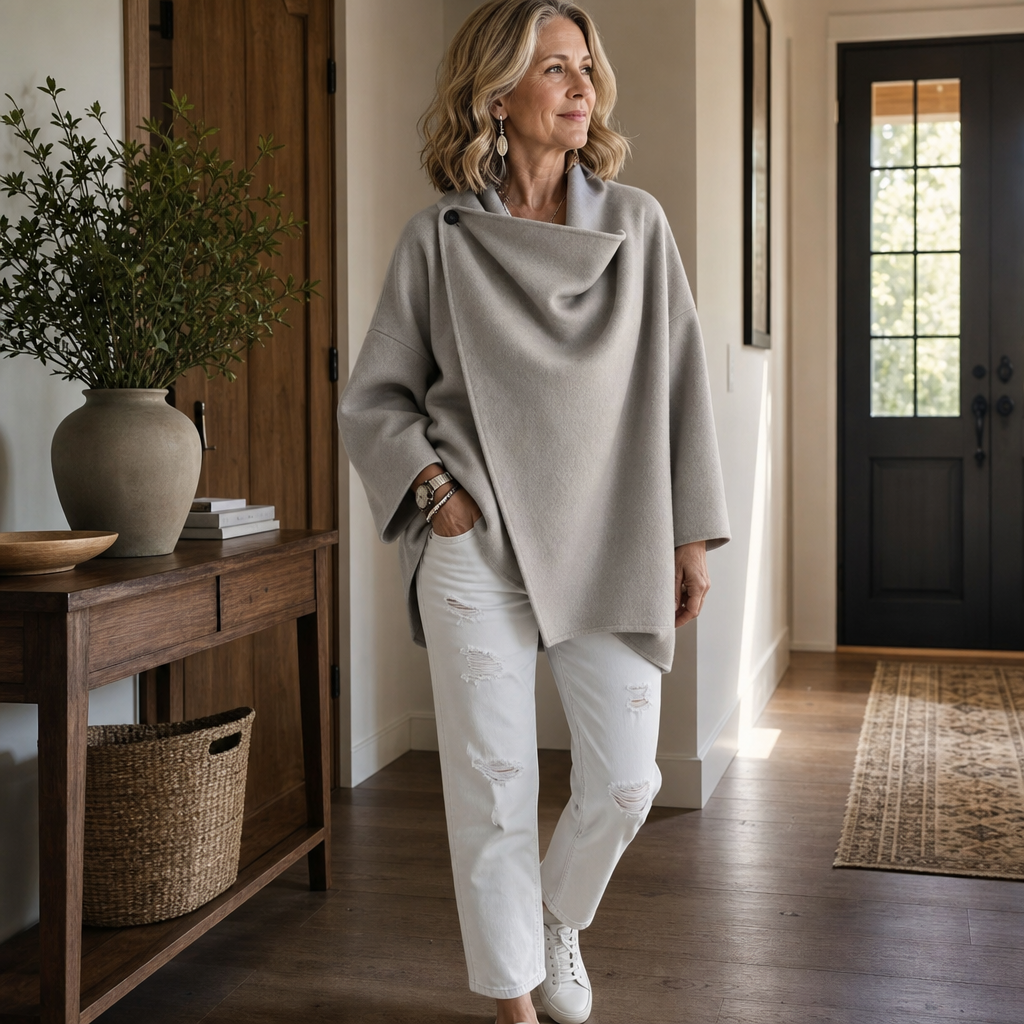 Full-length view of the light gray wrap cape jacket styled for an everyday outfit, showing its loose silhouette and uneven front.