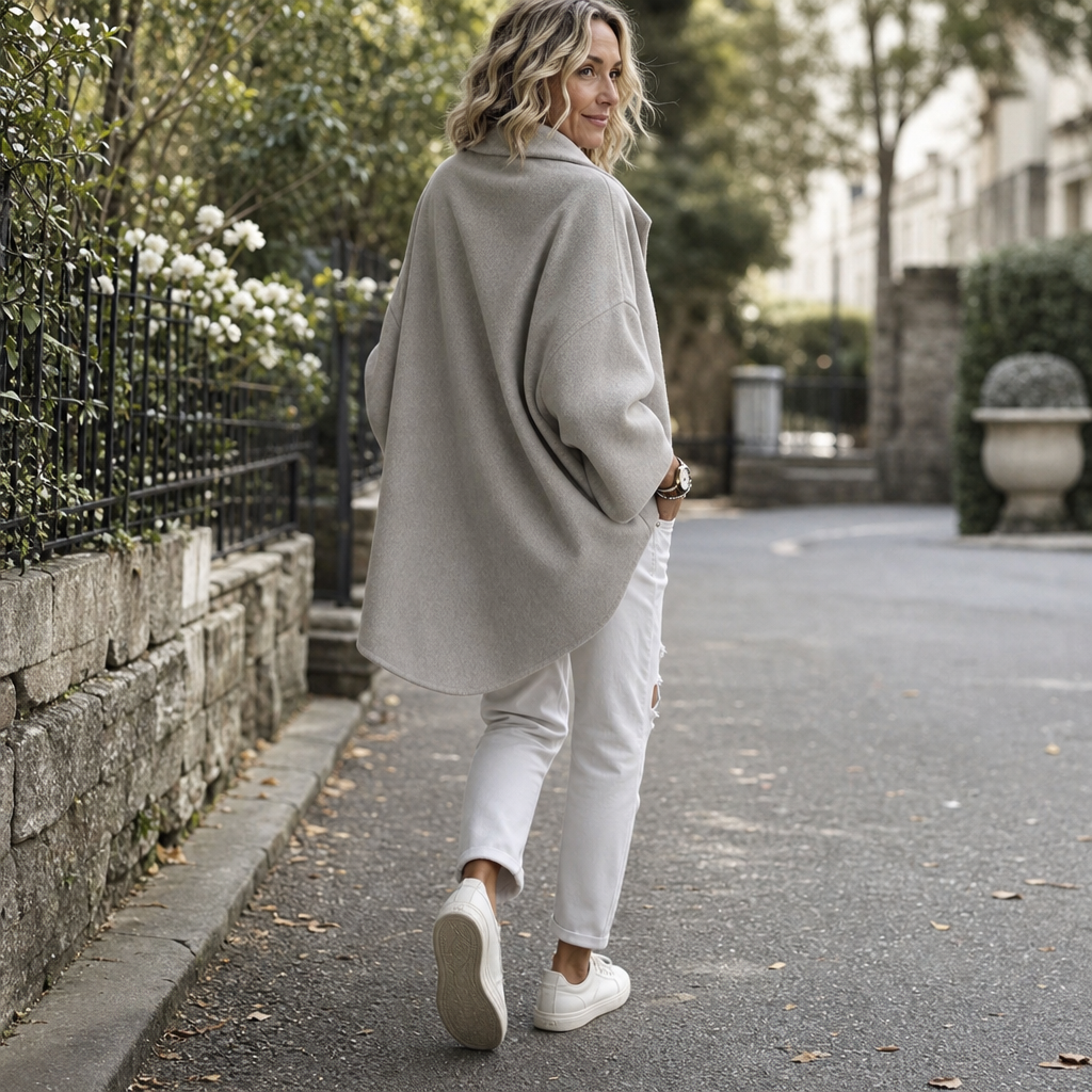 Back view of the light gray cape jacket, highlighting its flowing rounded back and relaxed shoulder shape.