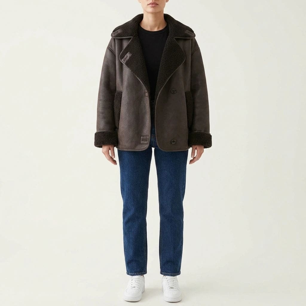 Oversized hip length jacket with wide shearling lined lapels, turn back cuffs, two button front and front pockets, worn open over a tee and straight jeans._0