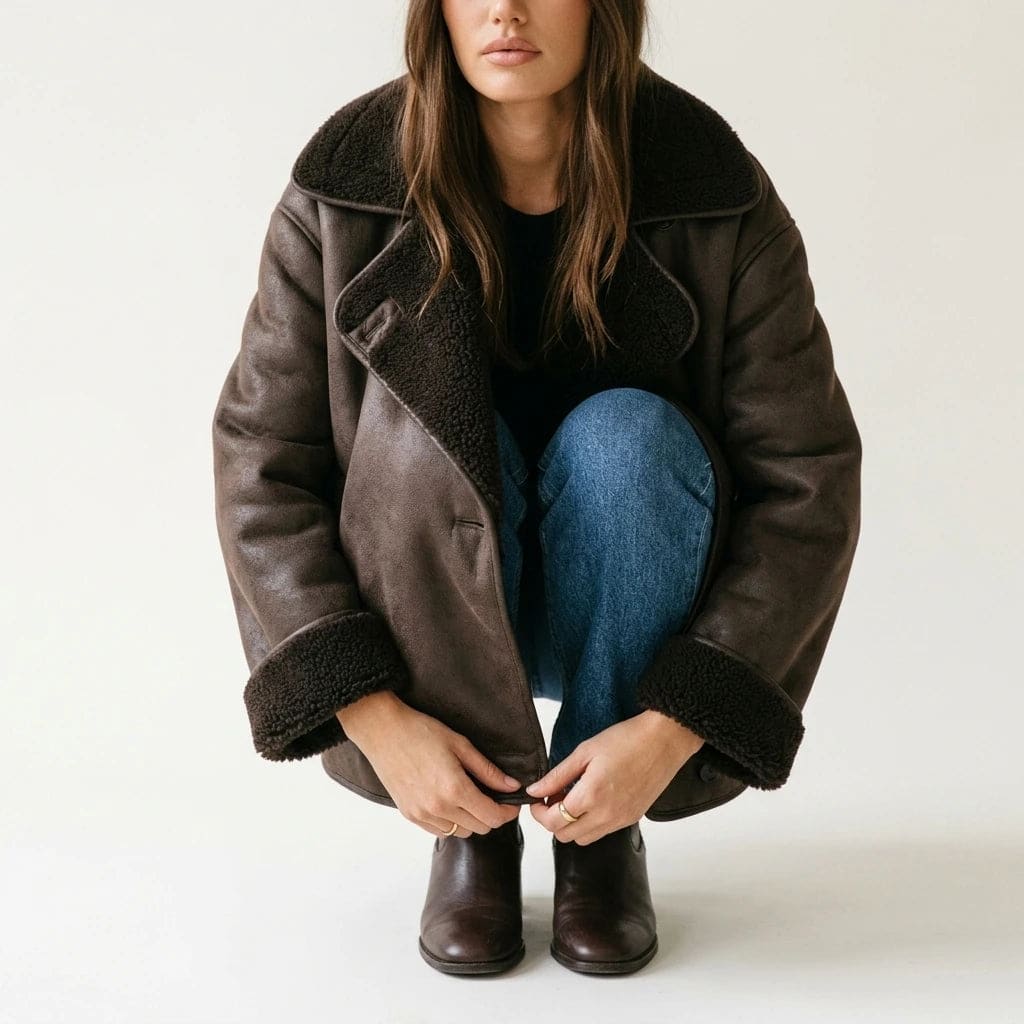 Oversized hip length jacket with wide shearling lined lapels, turn back cuffs, two button front and front pockets, worn open over a tee and straight jeans._1