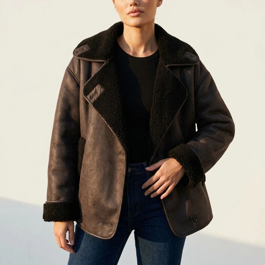 Oversized hip length jacket with wide shearling lined lapels, turn back cuffs, two button front and front pockets, worn open over a tee and straight jeans._3