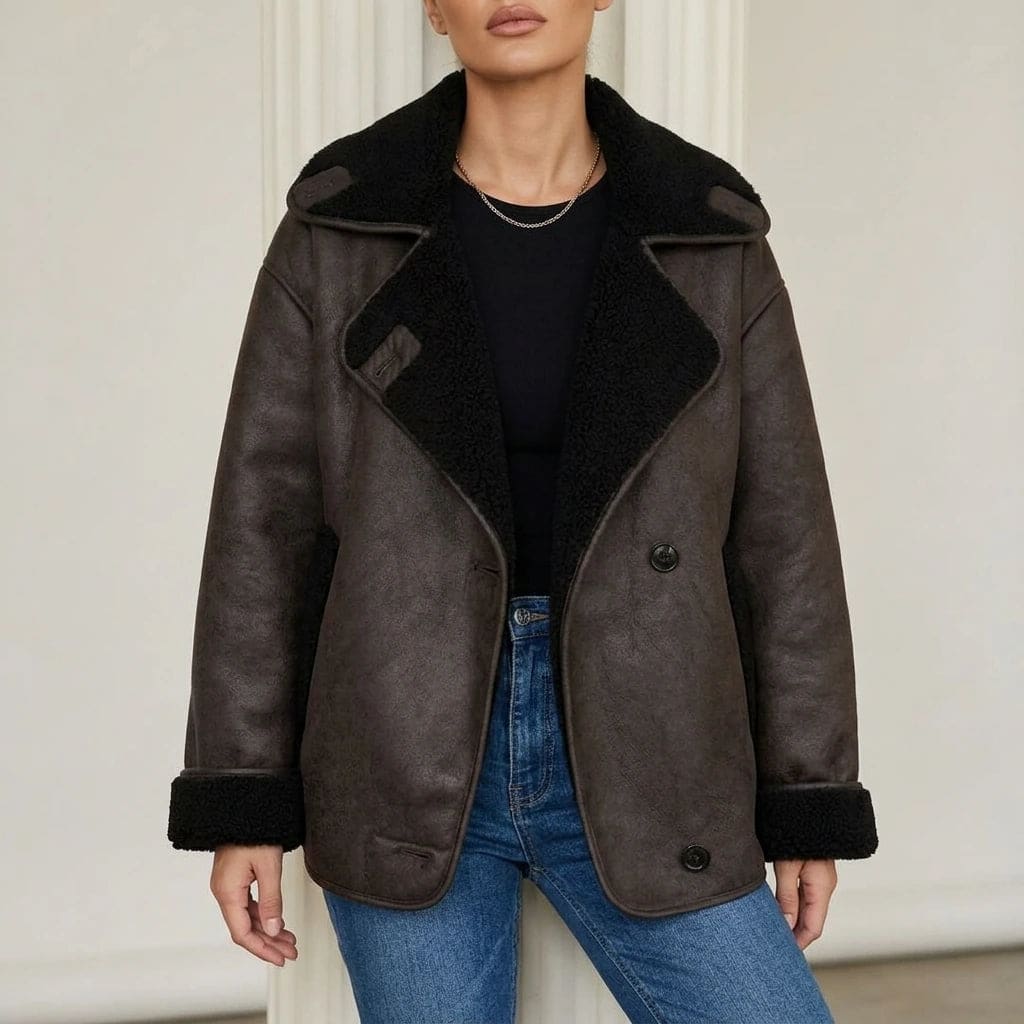 Oversized hip length jacket with wide shearling lined lapels, turn back cuffs, two button front and front pockets, worn open over a tee and straight jeans._4