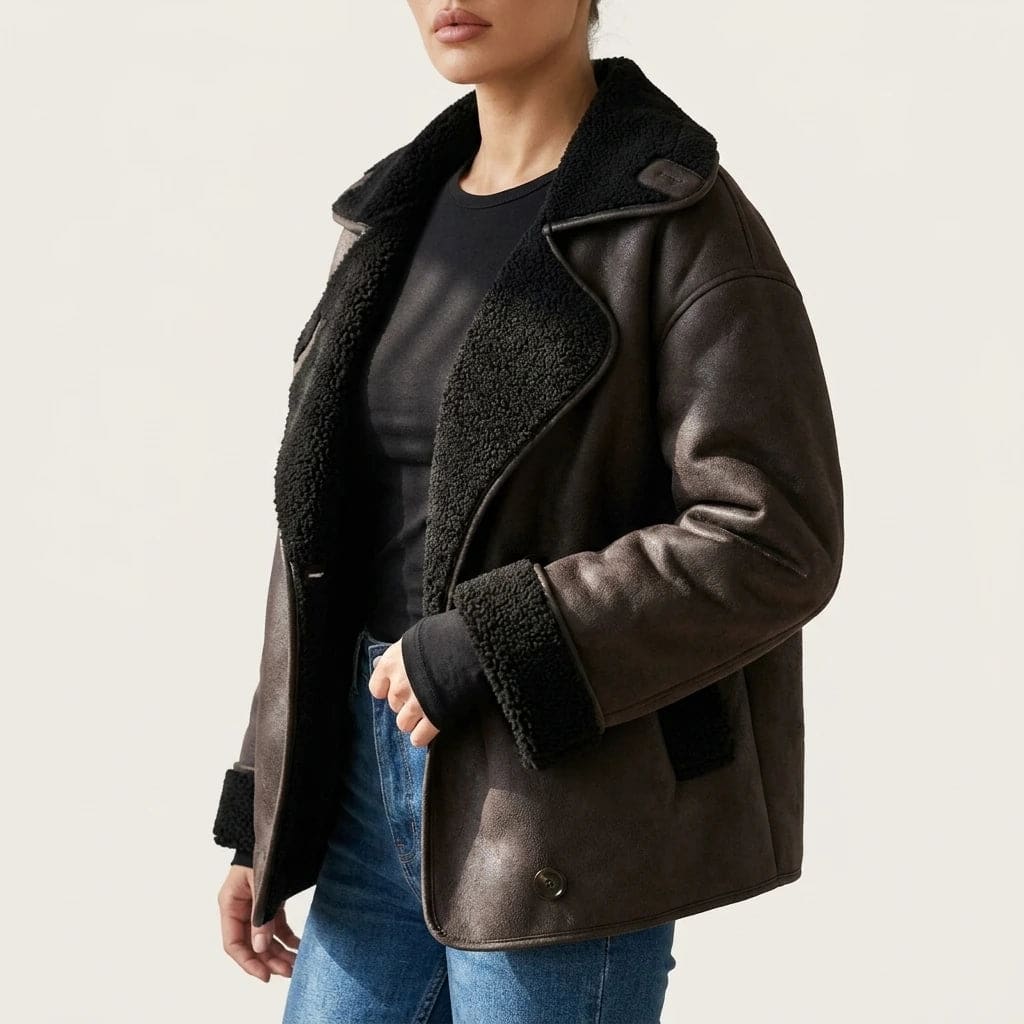 Laura | Oversized Shearling-Lined Aviator Jacket with Wide Lapels