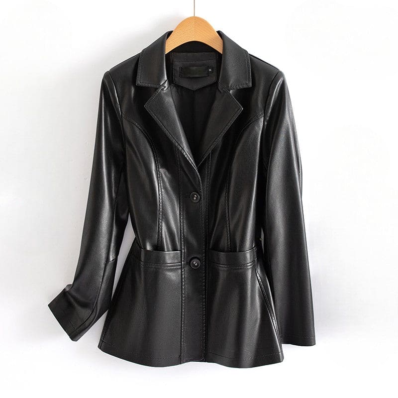 A tailored blazer jacket with notched lapels, a two button front, long sleeves, and front patch pockets displayed on a hanger._0