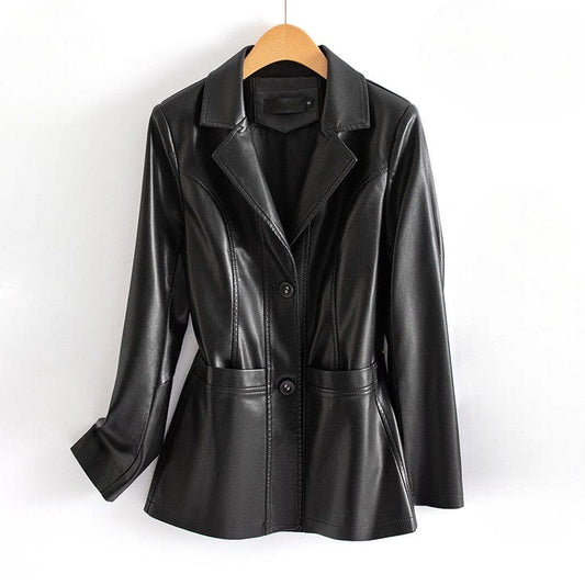 A tailored blazer jacket with notched lapels, a two button front, long sleeves, and front patch pockets displayed on a hanger._0