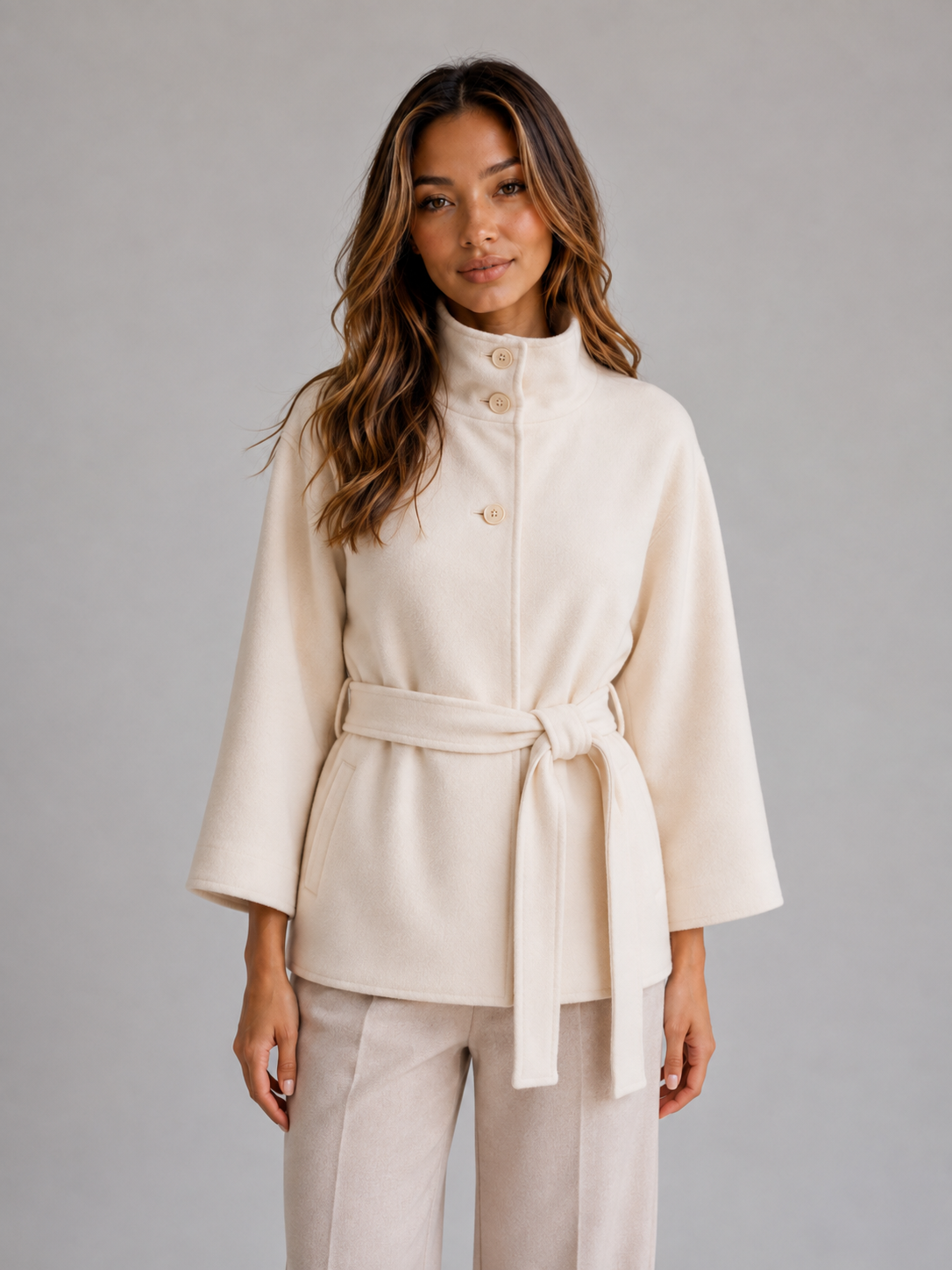 Front view of the cape jacket in ivory, featuring a buttoned stand collar, wide sleeves, and a tied belt with hanging ends.