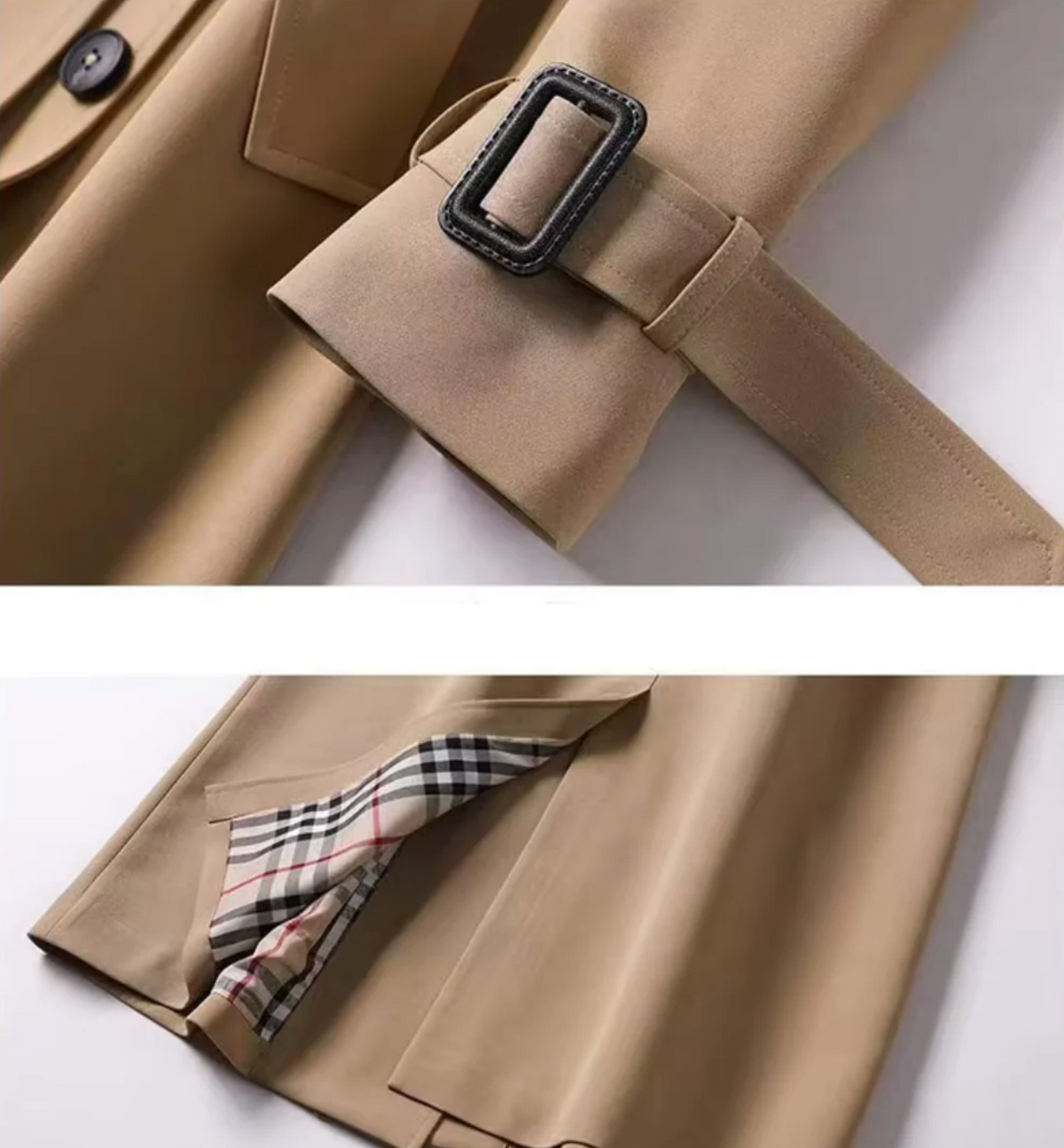 Close-up of the beige trench coat sleeve showing its adjustable strap with a rectangular buckle, with the checked lining visible at the lower opening.