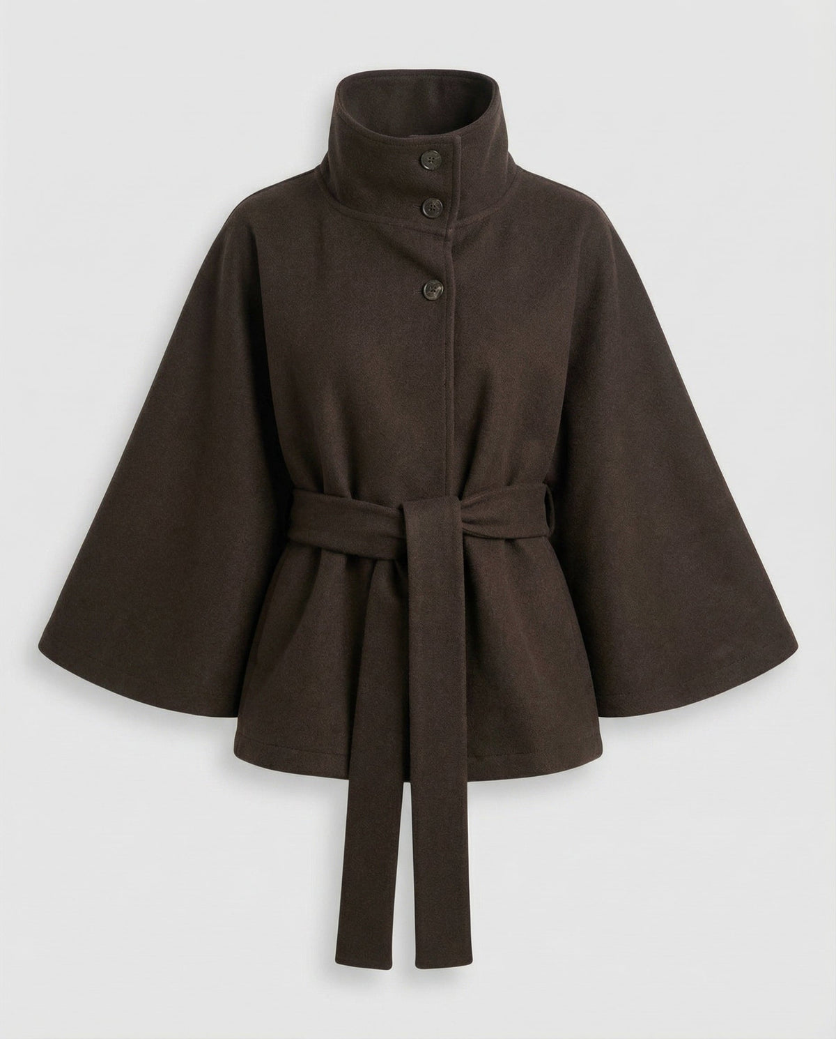 Brown jacket displayed front-facing with three visible buttons, a raised collar, and a centered hanging belt.