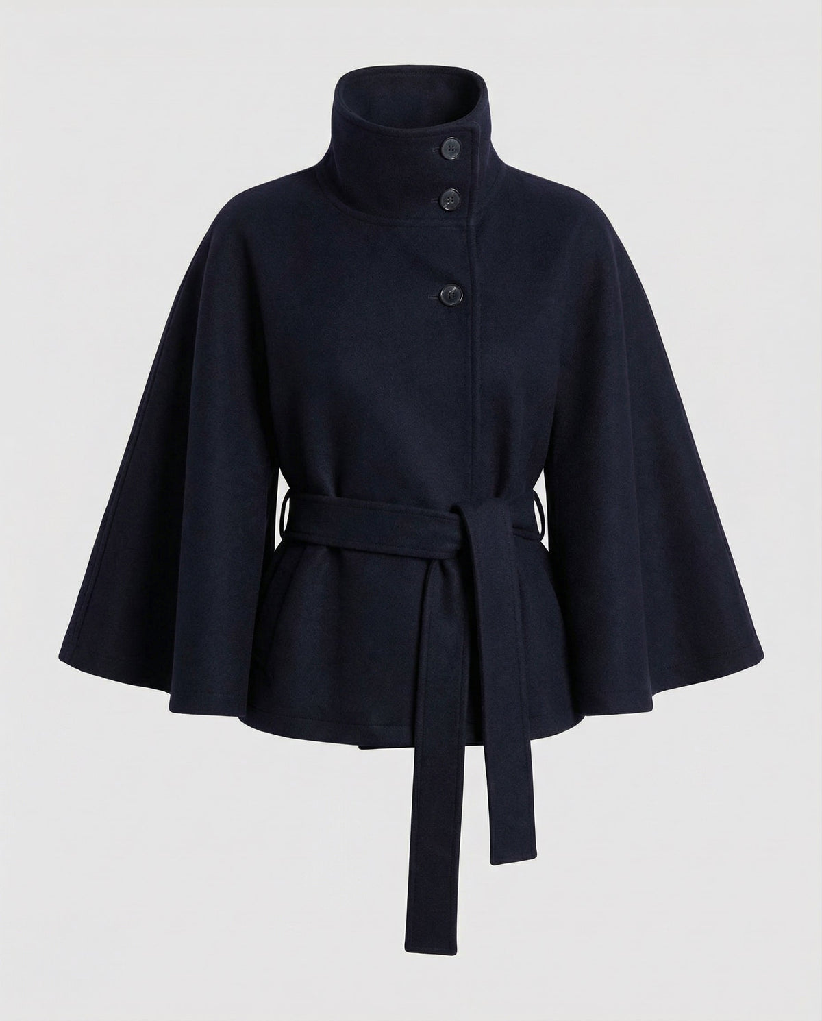 Navy jacket displayed front-facing with a raised stand collar, button fastening, and long belt ends at the waist.