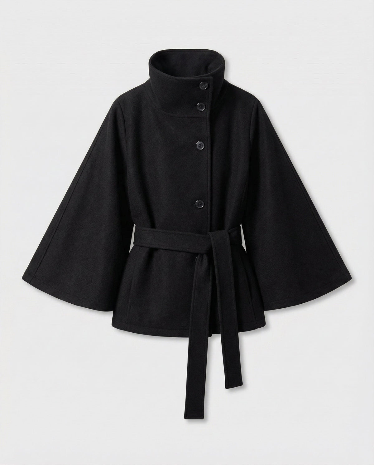 Black wrap jacket displayed flat with the stand collar raised, front buttons, wide sleeves, and long tie belt visible.
