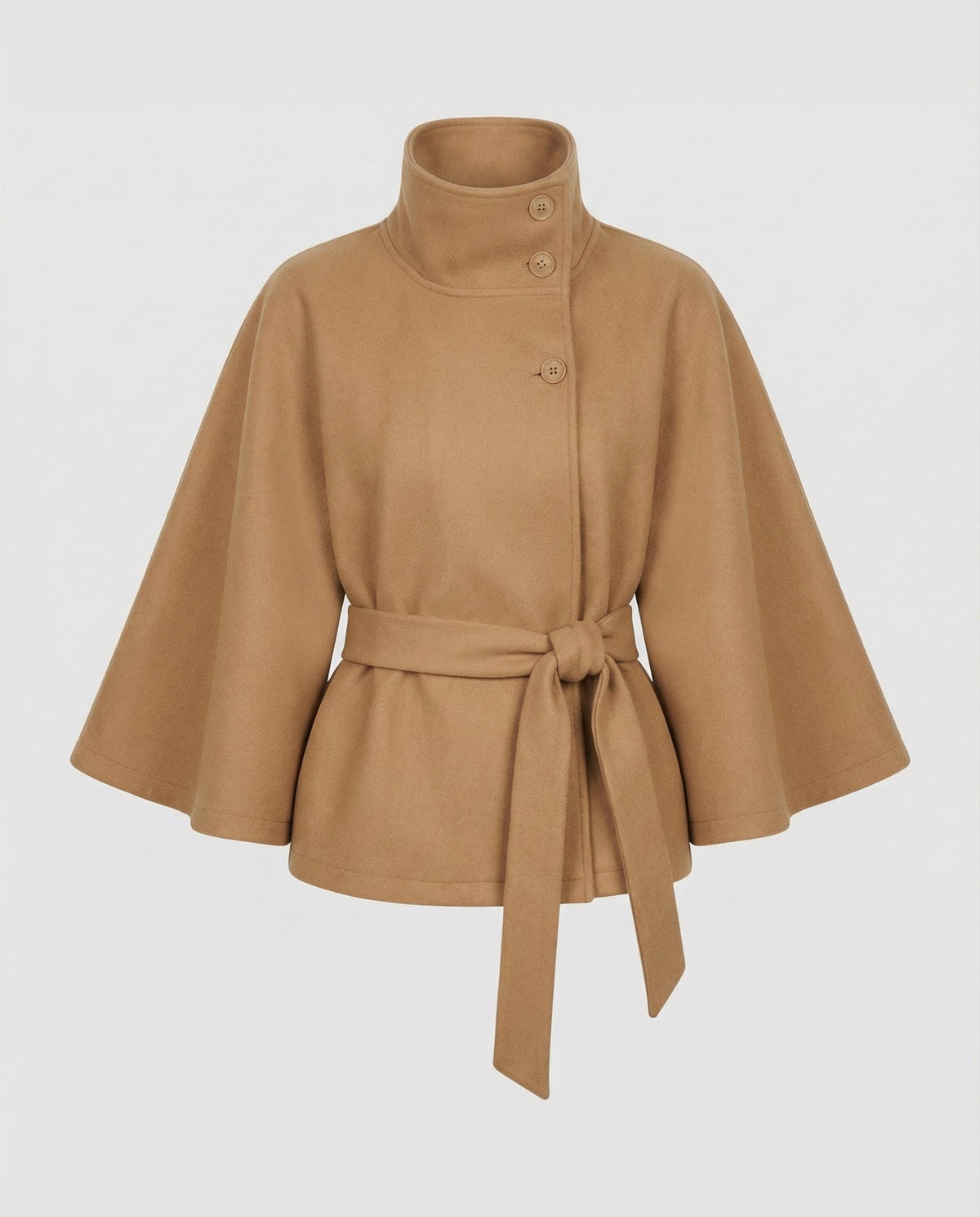 Tan version of the belted wrap jacket shown front-facing with a stand collar, wide sleeves, and tied waist.