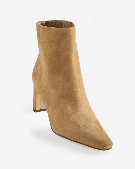 Tan ankle bootie with block heel and smooth finish shown from a side angle on a light background_0