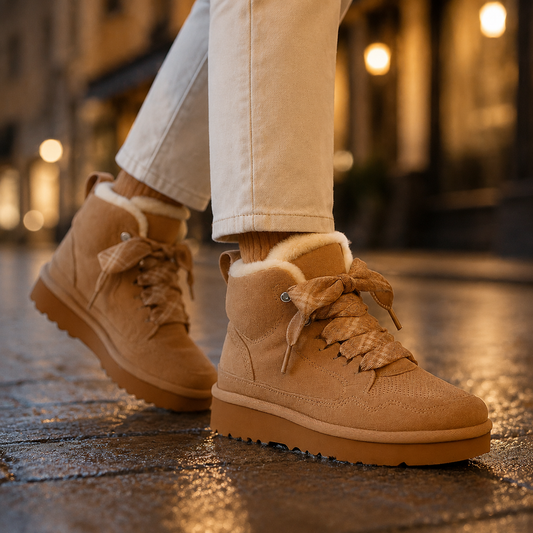 Tan faux suede lace-up platform ankle boots with plush cream lining, wide ribbon laces, and textured tread worn on a wet street.