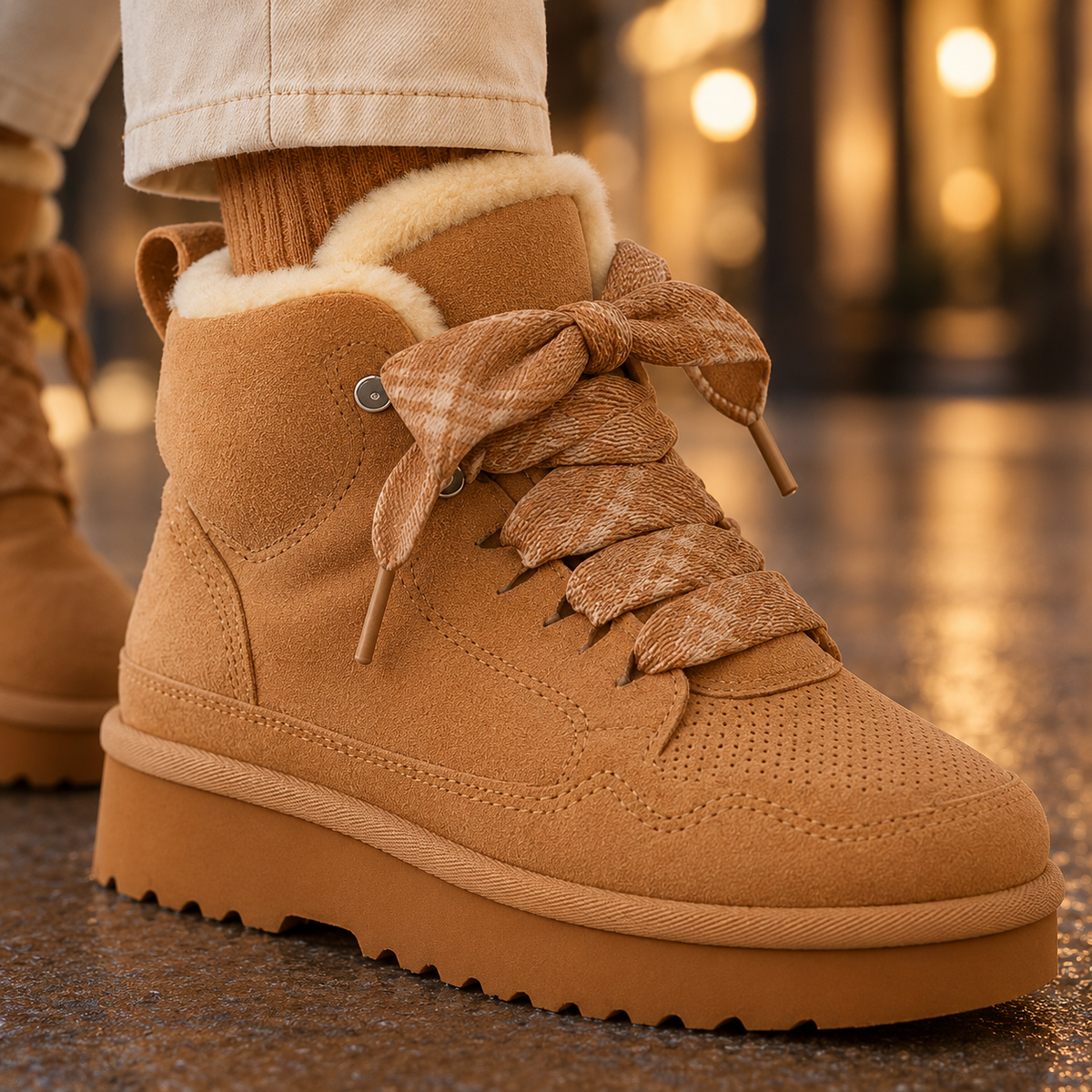 Close view of a tan platform ankle boot showing its plush cuff, oversized ribbon bow laces, perforated toe panel, and rugged tread.