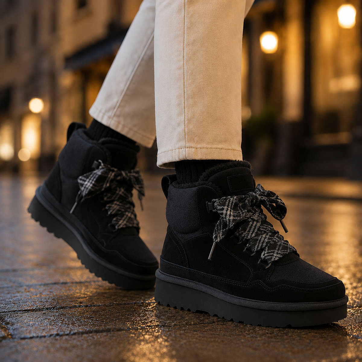 Black lace-up platform ankle boots with plush lining, patterned ribbon laces, and chunky textured soles worn on a wet street.
