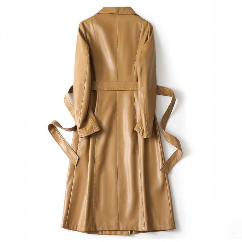 A long double-breasted trench coat with wide lapels and a tied waist belt displayed on a hanger._1