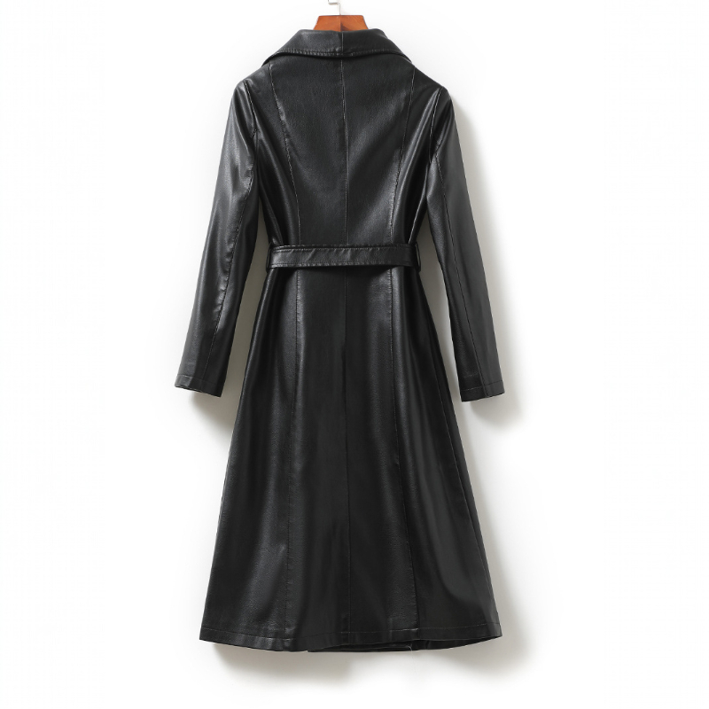 A long double-breasted trench coat with wide lapels and a tied waist belt displayed on a hanger._6