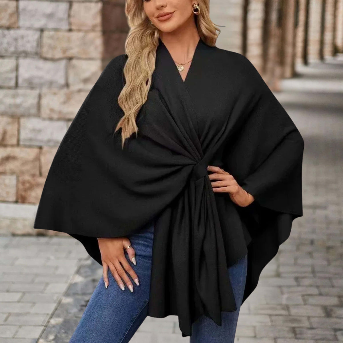 Aoife | Twist Front Draped Cape Poncho Wrap Top