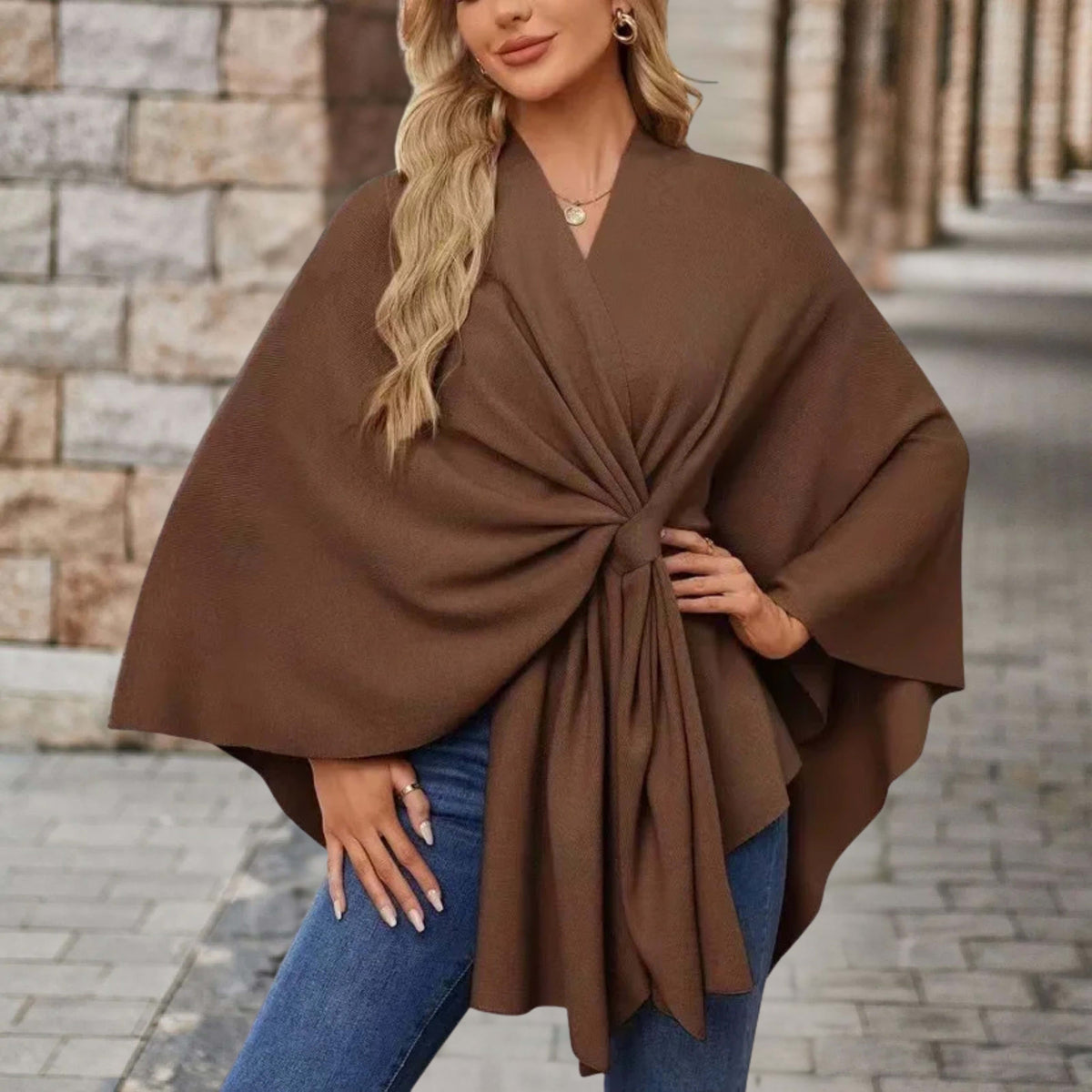 Aoife | Twist Front Draped Cape Poncho Wrap Top