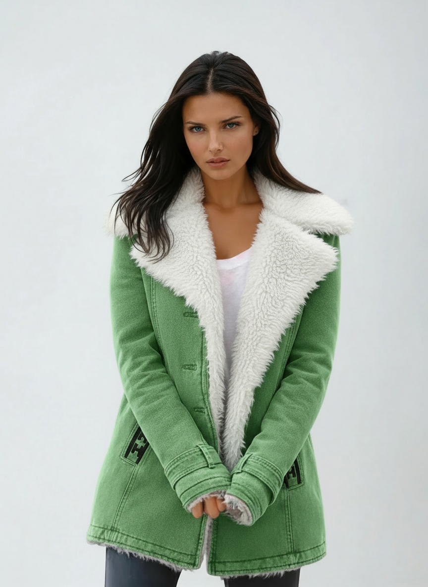 Green coat with an oversized white plush collar and coordinating trim, shown from the front with hands clasped over the opening.