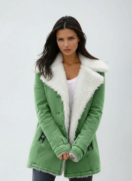Green coat with an oversized white plush collar and coordinating trim, shown from the front with hands clasped over the opening.