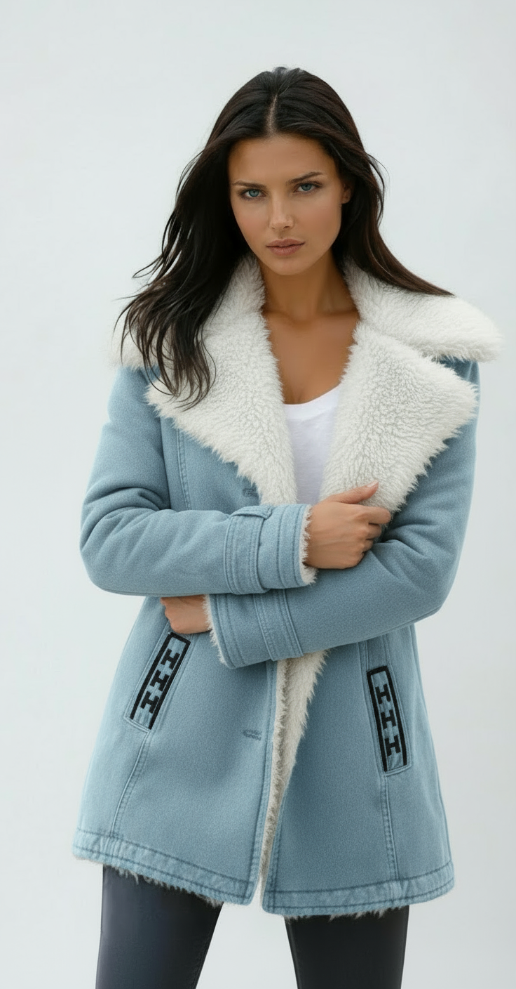 Light blue coat featuring a wide white plush collar, front pockets, and contrasting trim, styled with crossed arms.