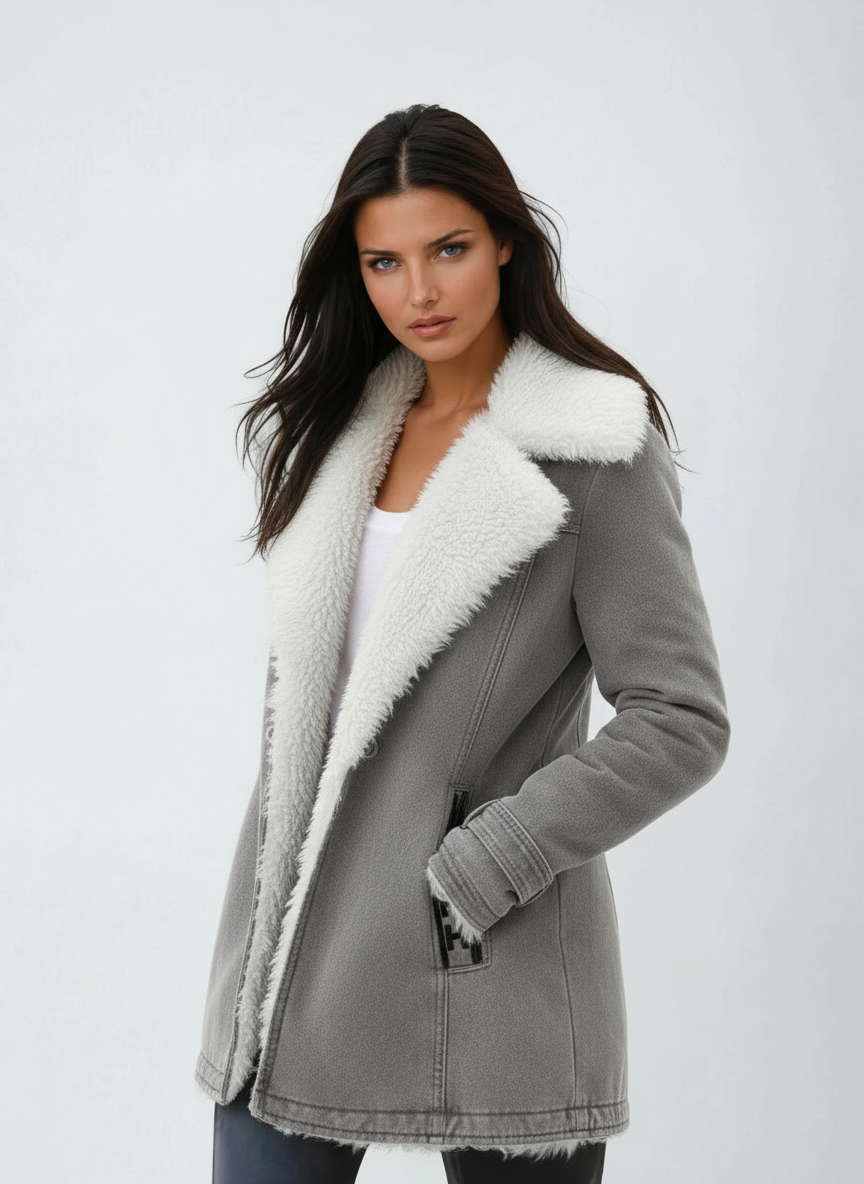 Gray coat with a prominent white plush collar, buttoned front, and a side-facing pose with one hand in a pocket.