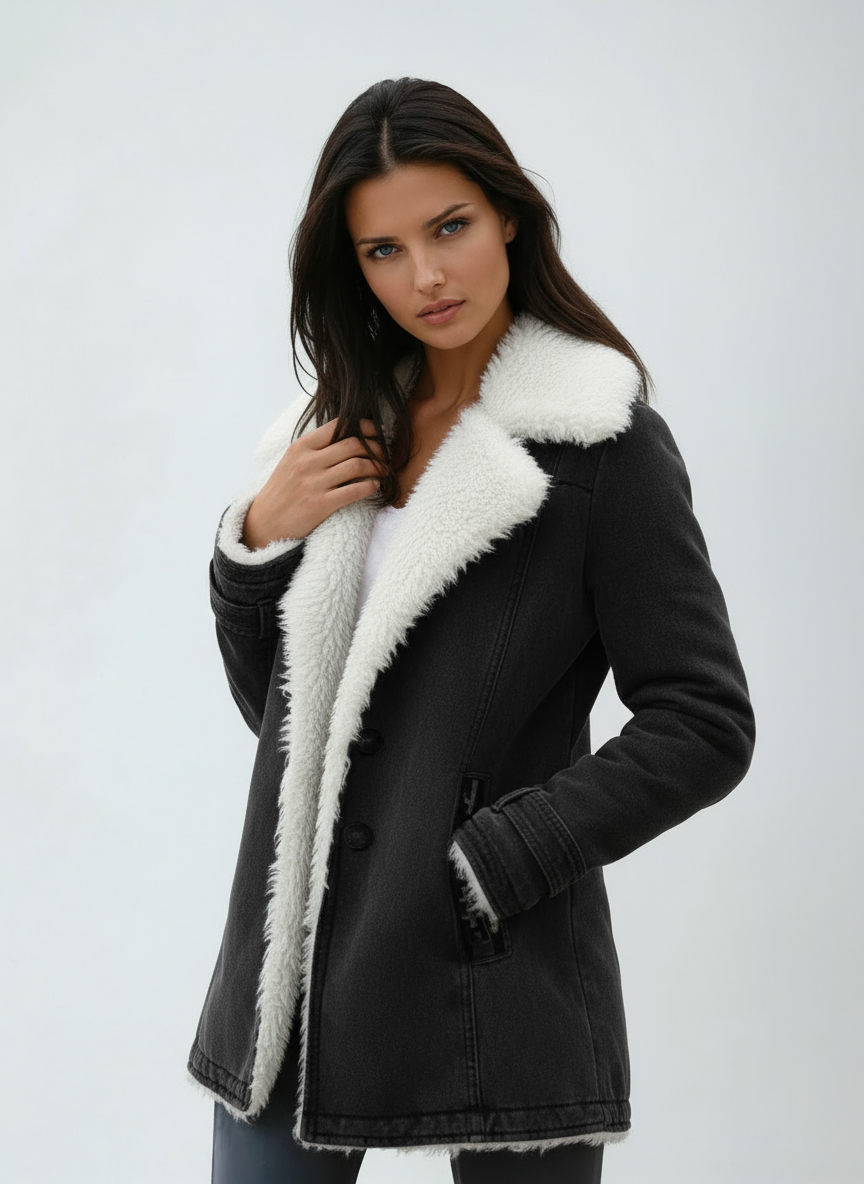 Black coat with an oversized white plush collar, visible front buttons, and one hand resting in a pocket.