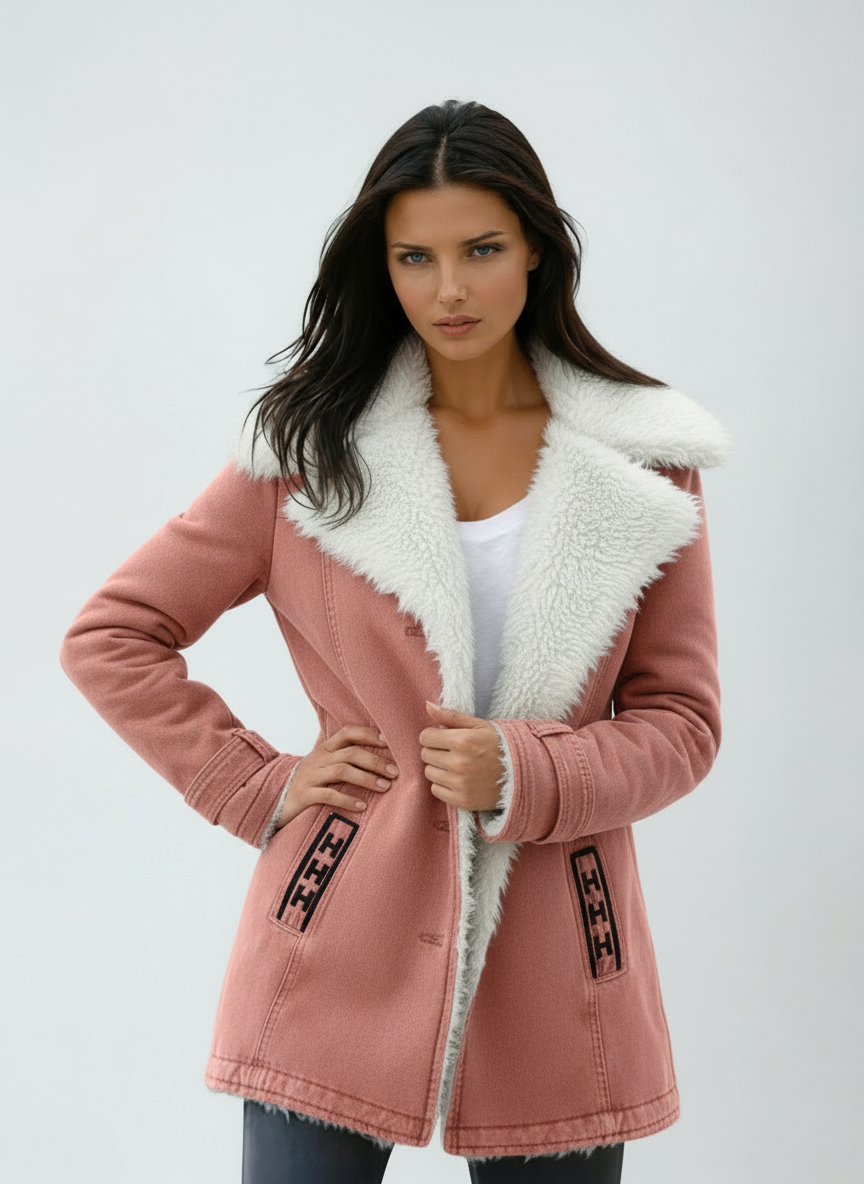 Dusty pink coat with a large white plush collar and contrast-trimmed pockets, held closed at the front.