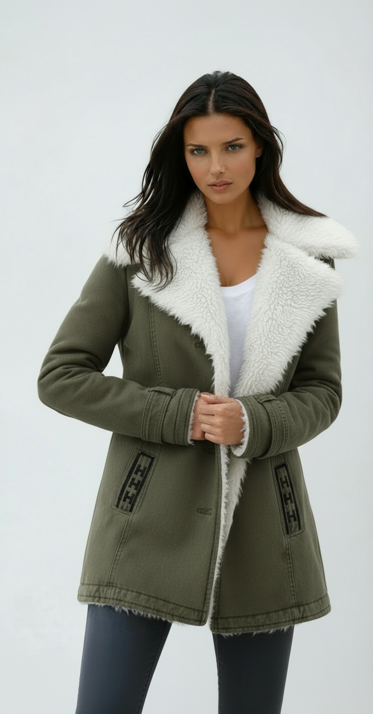 Olive green coat with a broad white plush collar, coordinating trim, and both hands clasped at the waist.