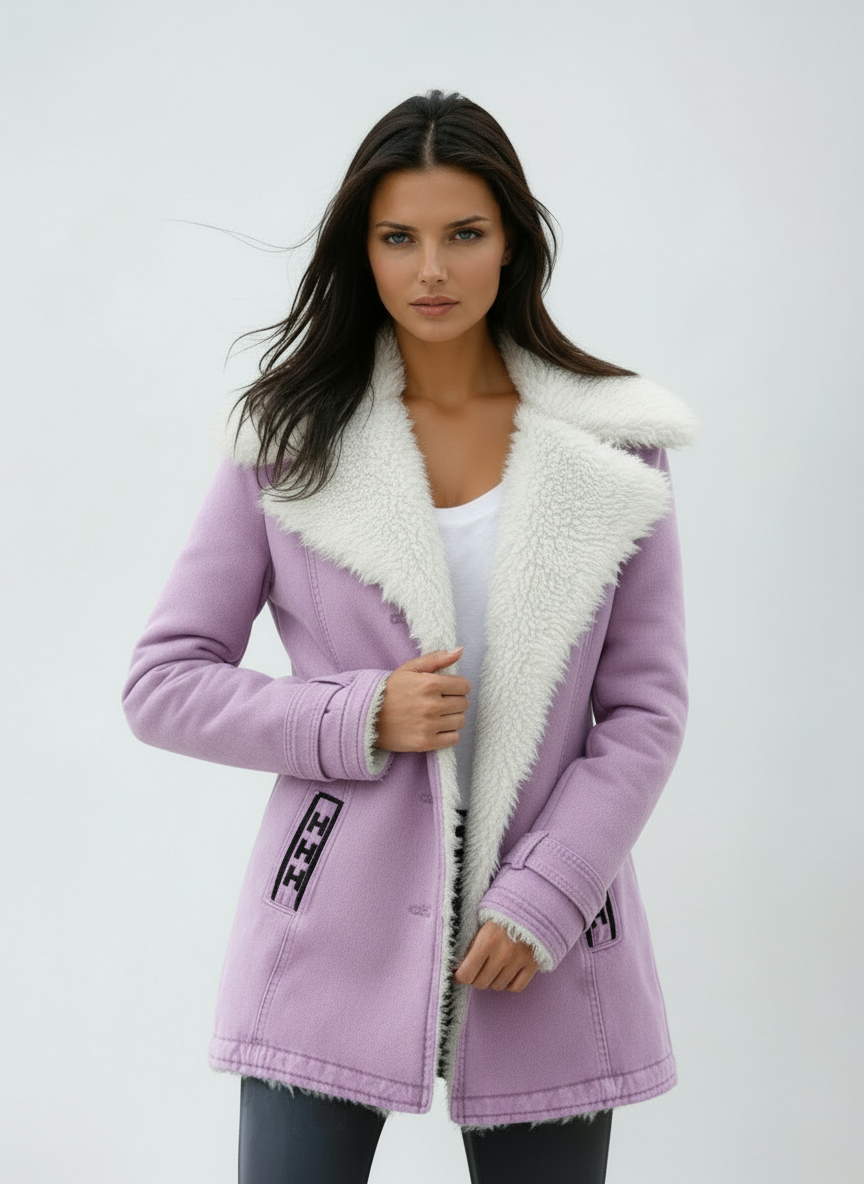 Lavender coat with an oversized white plush collar, front pockets, and one hand gripping the open front.