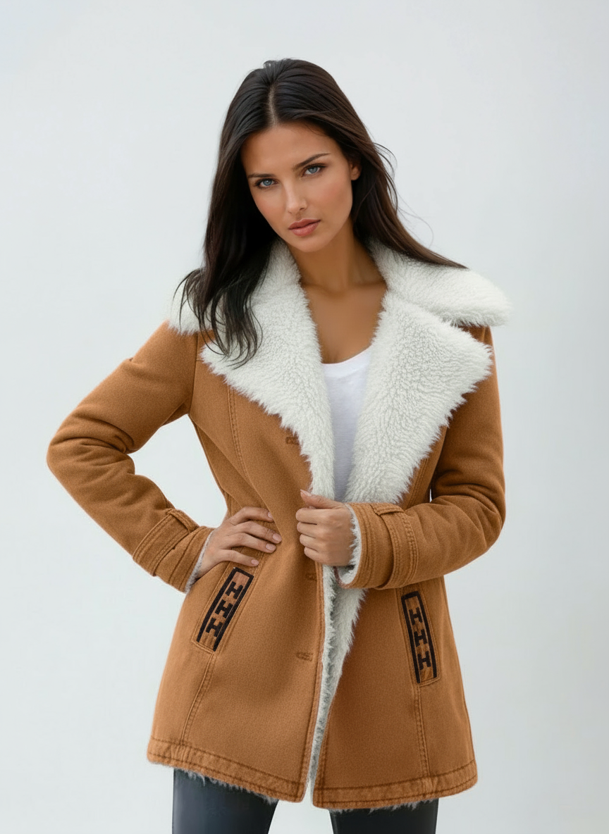 Camel-brown coat with a large white plush collar and contrasting pocket trim, shown with one hand on the hip.