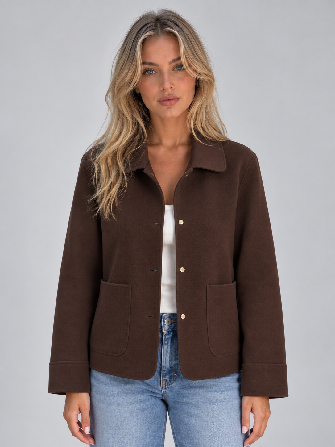 Front view of a brown collared overshirt jacket with a button front, relaxed straight shape, and two large patch pockets.