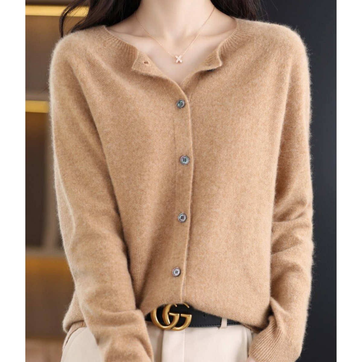 Camel cardigan with an open neckline and button-front closure