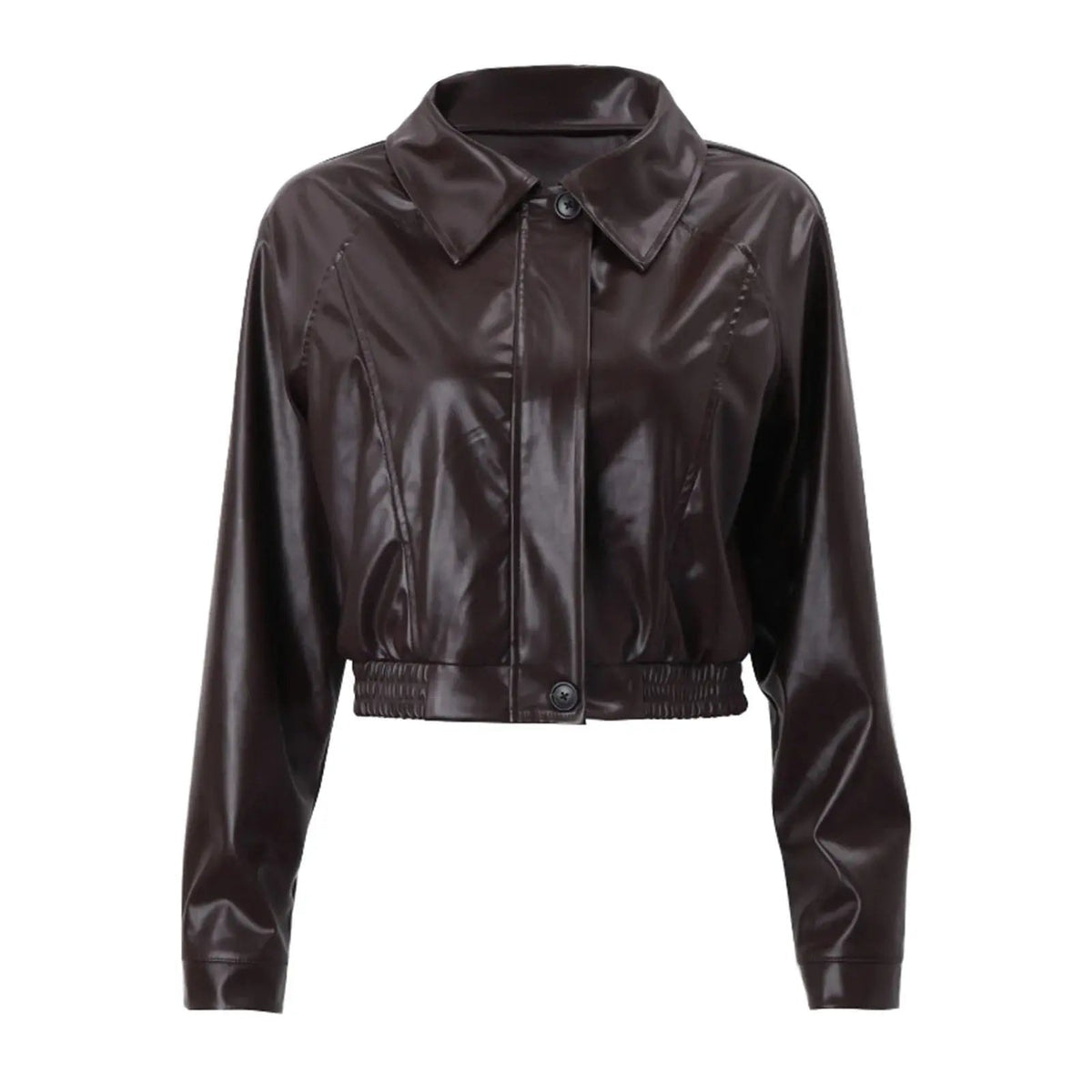 Front view of the dark brown cropped biker jacket displayed flat, showing the collared neckline, asymmetric front closure, long sleeves, and gathered hem.