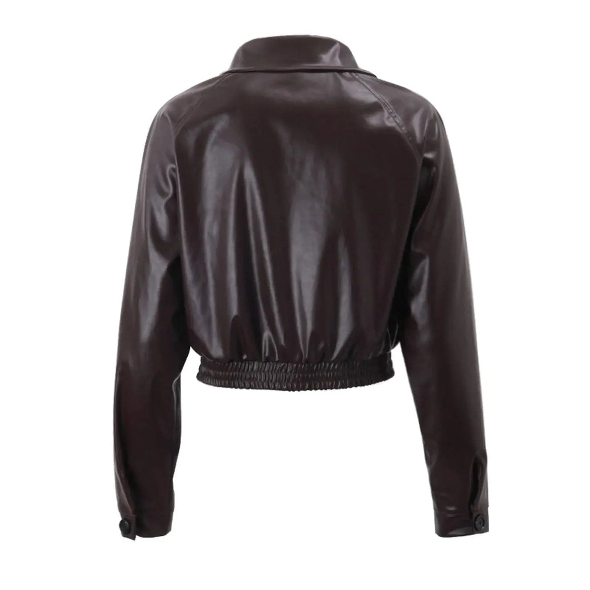 Back view of the dark brown cropped biker jacket displayed flat, showing the smooth back, collar, long sleeves, and gathered cropped hem.
