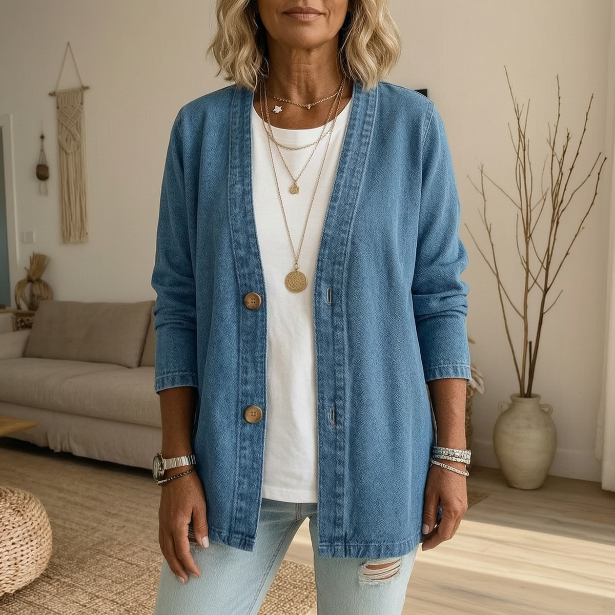 Blue denim jacket with a V-neck, long sleeves, button front, and longer silhouette styled over a white top and light jeans indoors.
