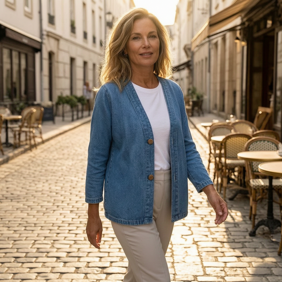 Blue V-neck denim jacket worn open over a white shirt with beige trousers on a sunny cobblestone street.
