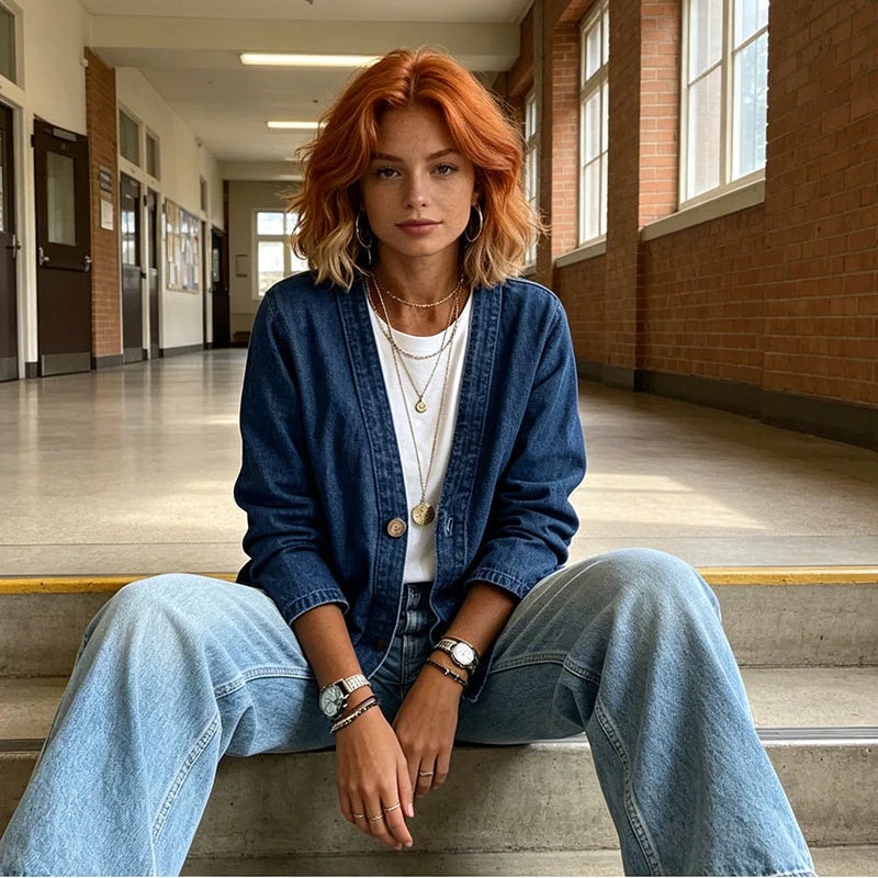 Dark denim V-neck jacket worn fastened over a white top while seated on indoor steps.