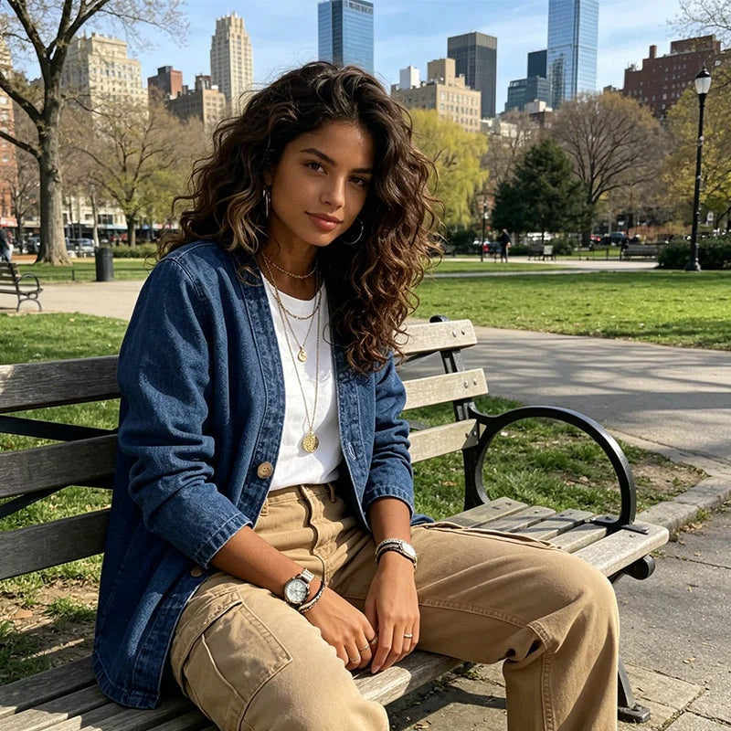 Dark blue longer-length denim jacket styled over a white top and tan trousers while seated on a park bench.