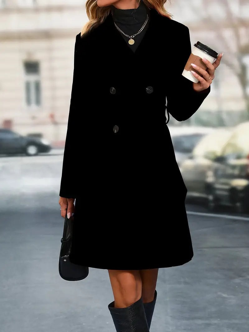 Black knee-length double-breasted trench coat shown fully closed, with long sleeves and a clean flared silhouette.