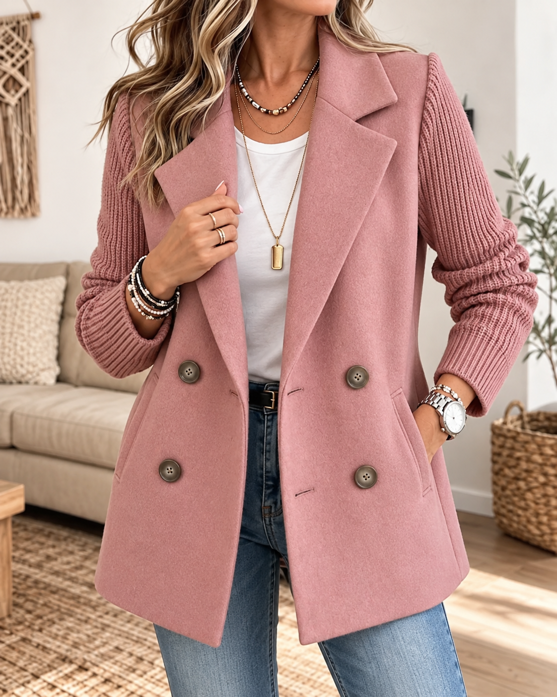Rose pink double-breasted blazer with contrasting textured long sleeves, notched lapels, four buttons, and front pockets.