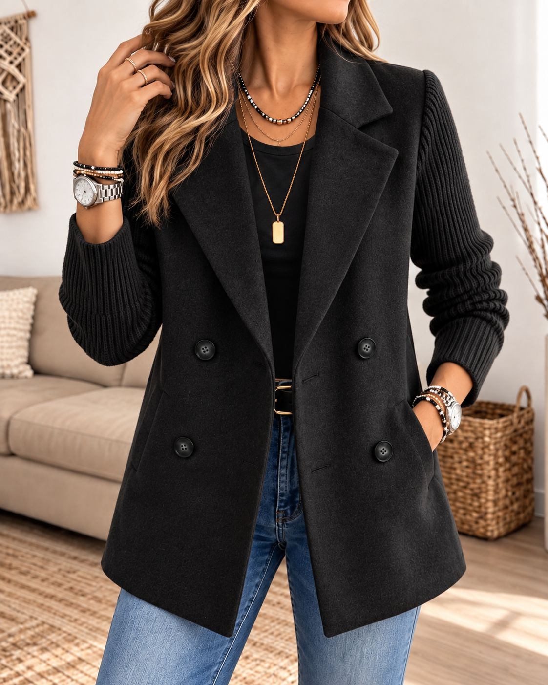 Black double-breasted blazer styled with a dark top, featuring ribbed textured sleeves, notched lapels, and four front buttons.