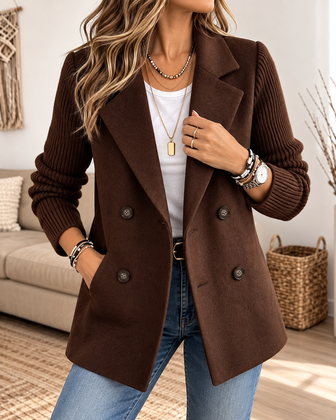 Dark brown double-breasted blazer with textured long sleeves, notched lapels, four buttons, and a hand placed in a front pocket.