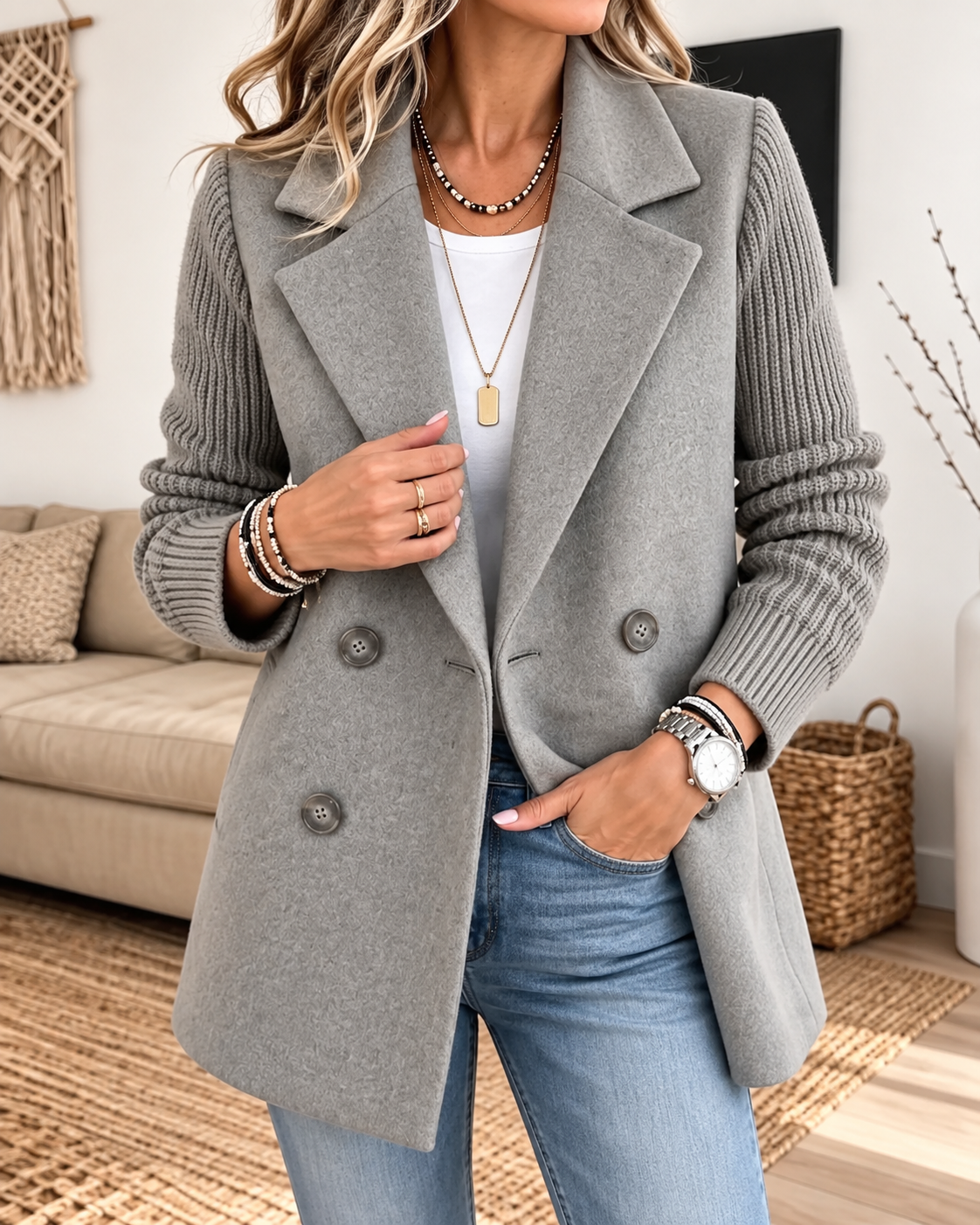 Light gray double-breasted blazer showing its contrasting textured sleeves, wide notched lapels, four buttons, and hip-length cut.