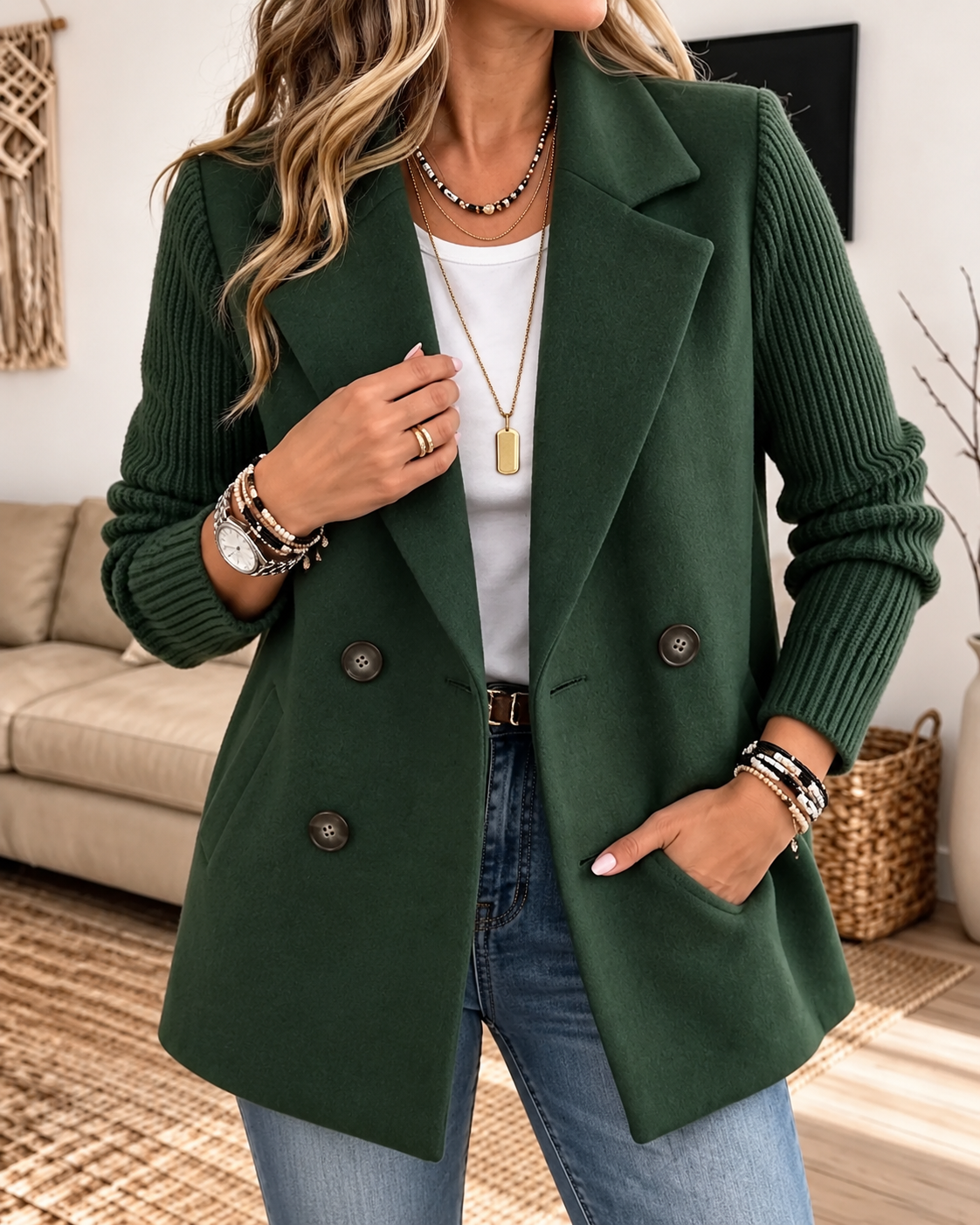 Deep green double-breasted blazer with textured long sleeves, notched lapels, four buttons, and angled front pockets.