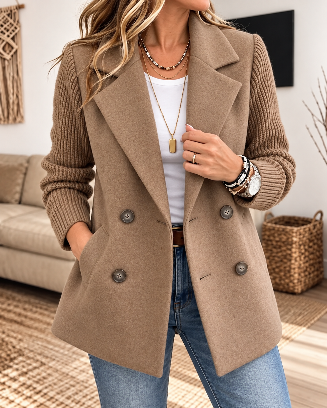Warm taupe double-breasted blazer with contrasting textured sleeves, notched lapels, four buttons, and a hand tucked into a pocket.