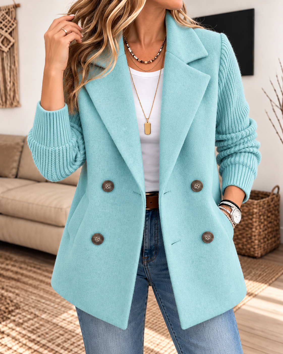 Bright turquoise double-breasted blazer with ribbed long sleeves, notched lapels, four buttons, and a visible front pocket.